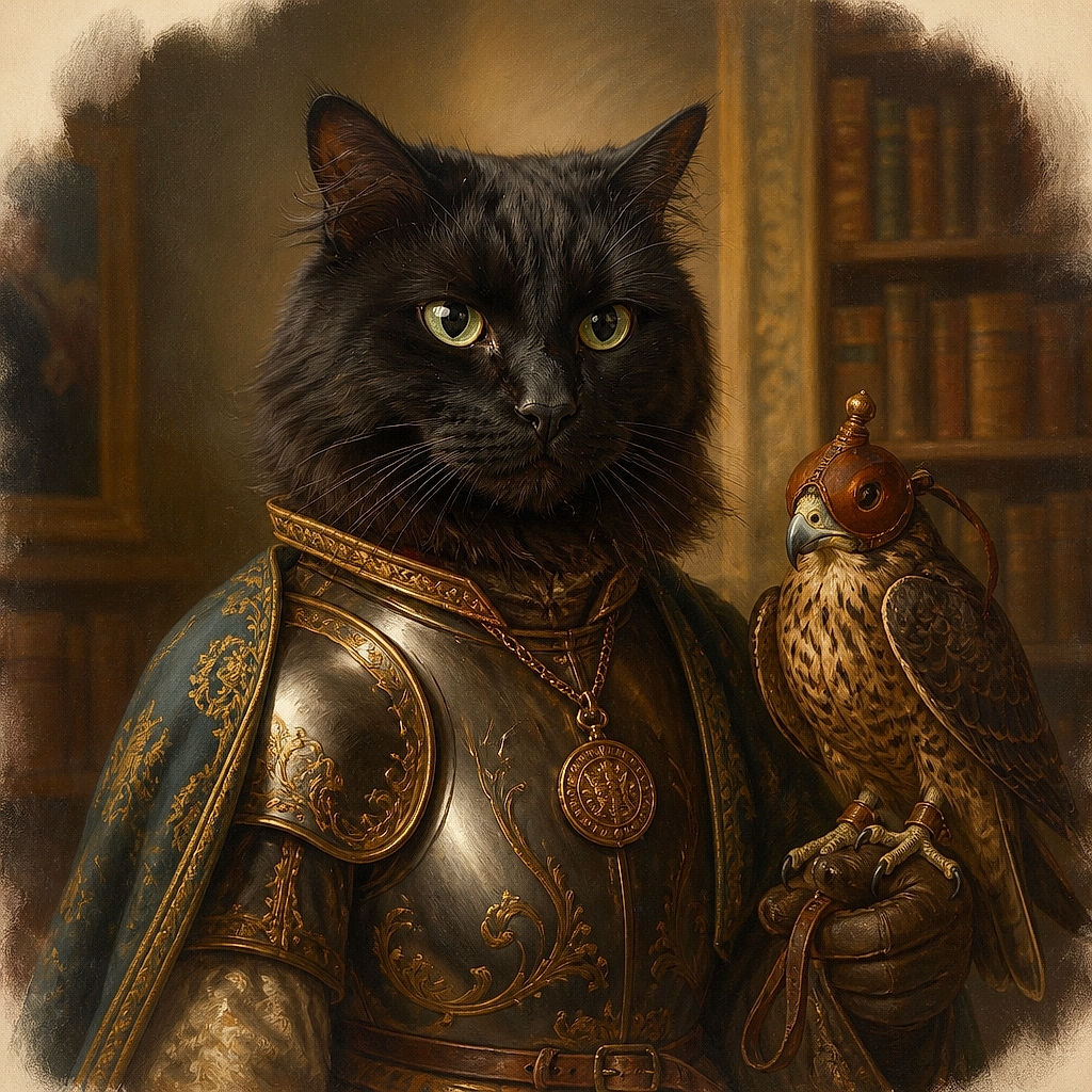 A majestic black cat stares straight into the camera with the intense expression of a tiny velvet courtroom judge, paws neatly folded on the couch and green eyes glowing like it knows everyone’s secrets.