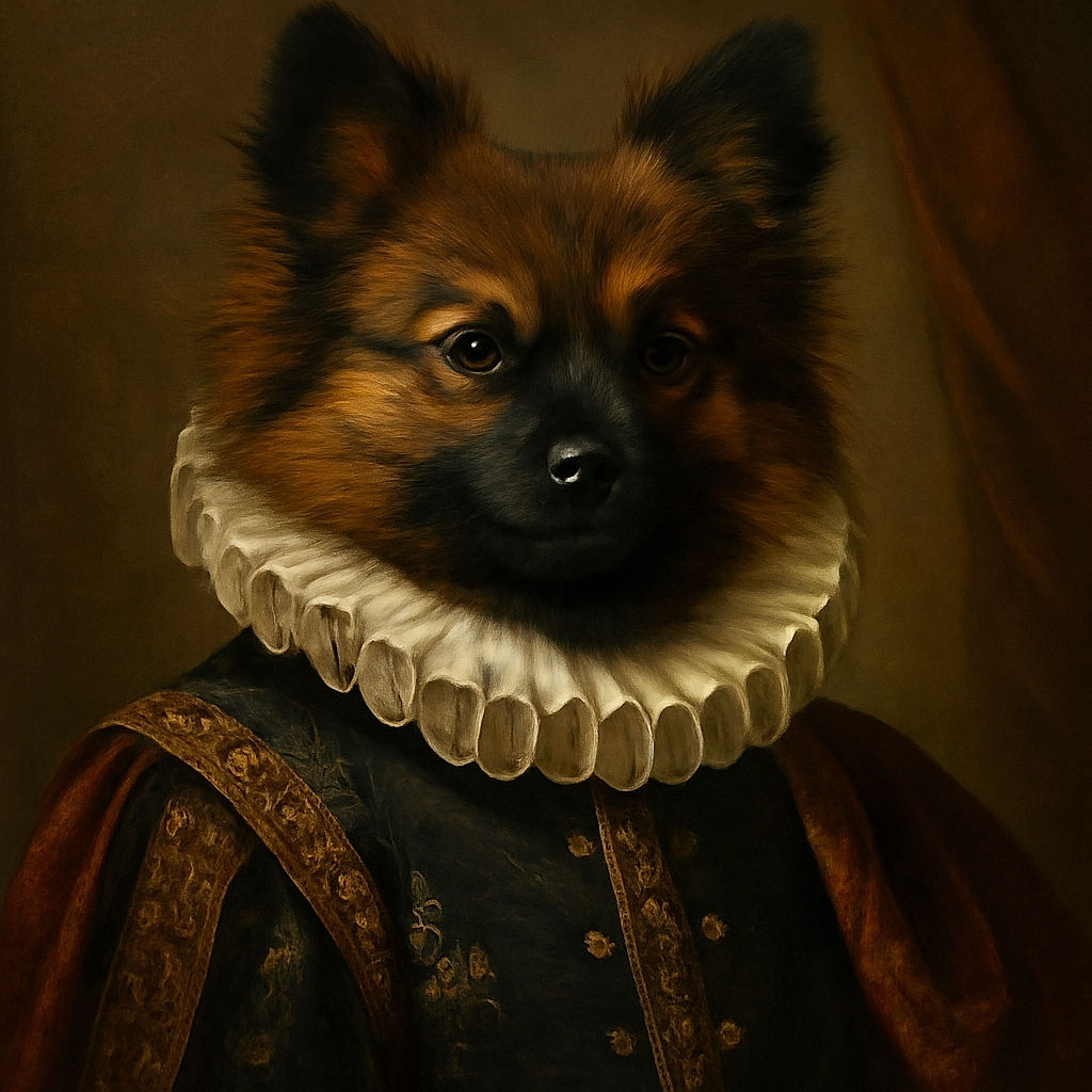 A fluffy, alert dog with a beautiful mix of brown and black fur lounges comfortably on a soft, light-colored bedspread, gazing thoughtfully into the distance with ears perked up like a furry little guardian.