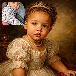 A curious toddler with striking blue eyes looks over their shoulder, dressed in a cozy floral sweater and pink pants, seated comfortably in a car seat with a soft, neutral background.