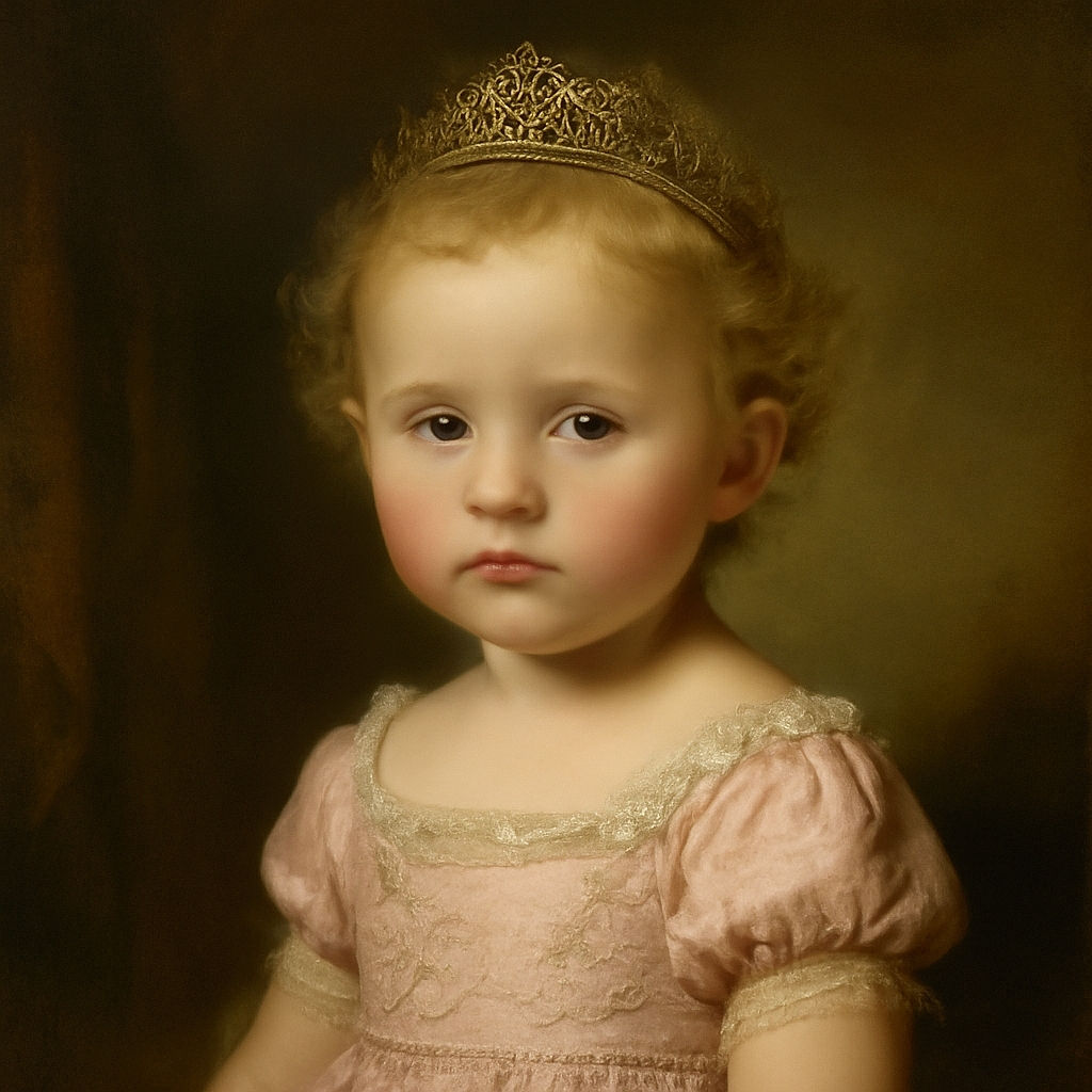 A charming toddler with curly blonde hair and rosy cheeks gazes softly at the camera, dressed in a cute pink floral ruffled top. The background glows with soft blue and purple hues, giving the image a dreamy, almost magical feel.