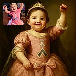 A cheerful toddler dressed in a pink ballerina outfit with a fluffy tutu and a floral headband raises her arms triumphantly, flashing an adorable smile that could melt hearts, with a softly blurred background adding to the warm, cozy atmosphere.