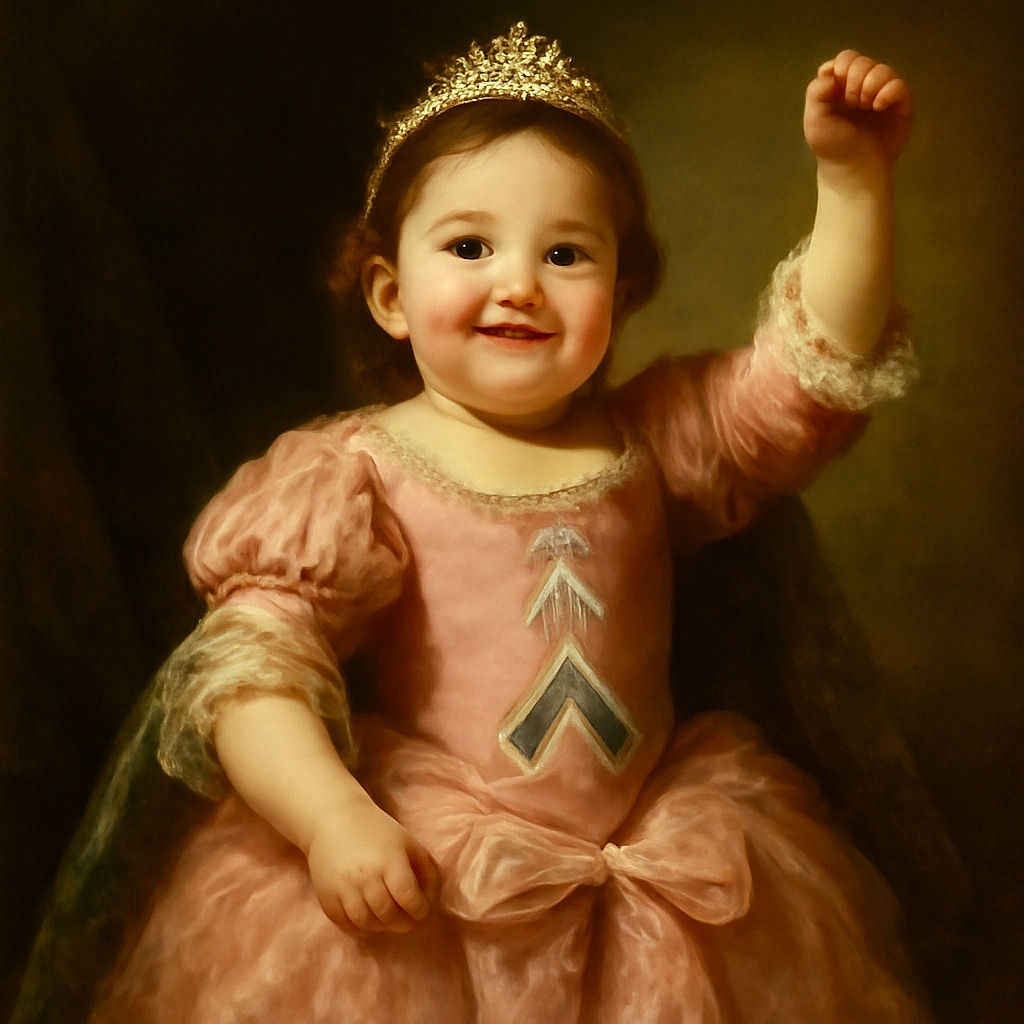 A cheerful toddler dressed in a pink ballerina outfit with a fluffy tutu and a floral headband raises her arms triumphantly, flashing an adorable smile that could melt hearts, with a softly blurred background adding to the warm, cozy atmosphere.