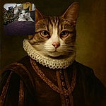 Two cats lounging on a dark purple blanket with a cozy indoor background of furniture and curtains. One cat is tabby with a soft gaze, and the other is white and gray wearing a collar with a paw-shaped tag, both looking relaxed and slightly curious.