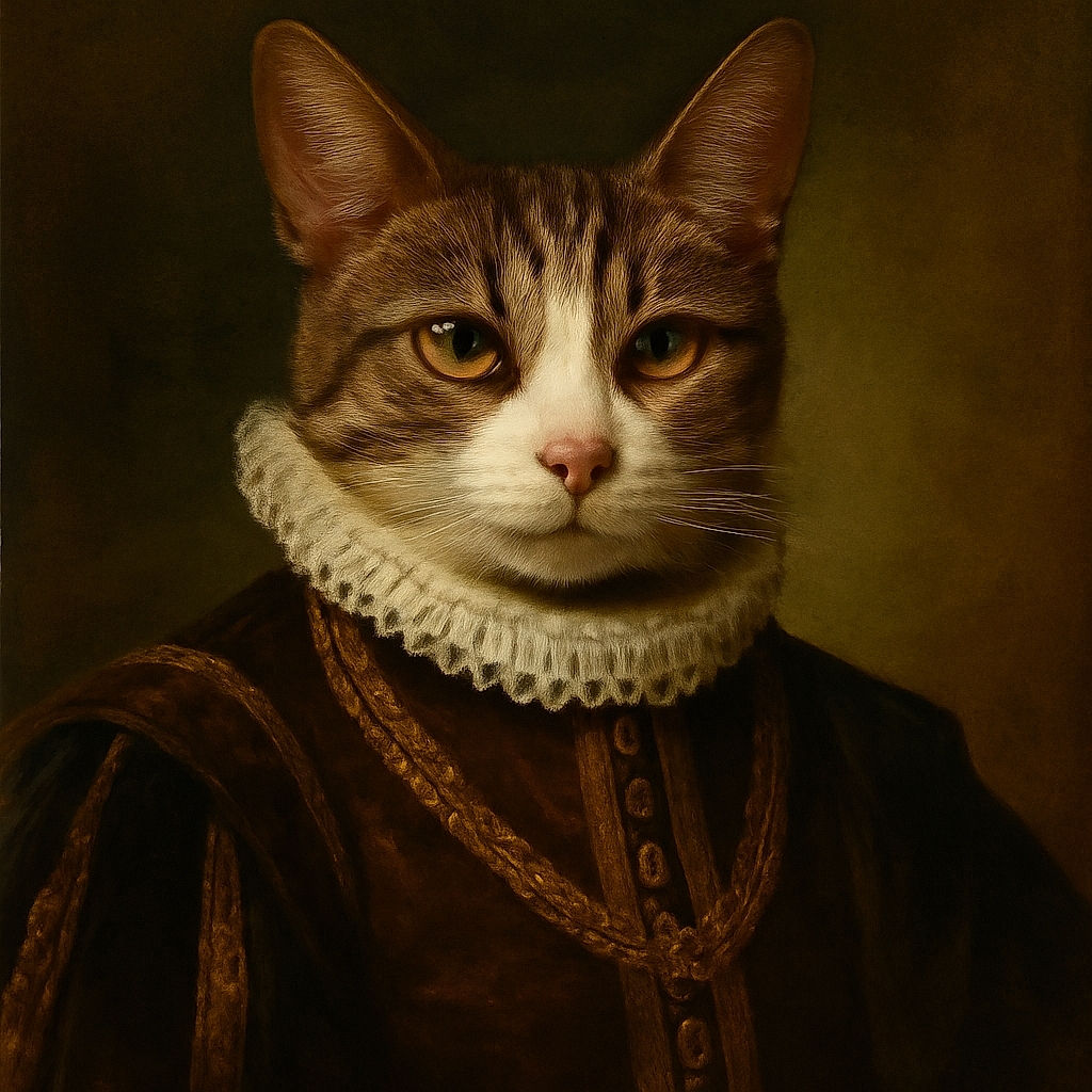 Two cats lounging on a dark purple blanket with a cozy indoor background of furniture and curtains. One cat is tabby with a soft gaze, and the other is white and gray wearing a collar with a paw-shaped tag, both looking relaxed and slightly curious.