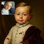 A close-up portrait of an adorable toddler with big curious eyes and soft blonde hair, dressed in a cozy white sweater with little dog patterns, sitting comfortably indoors with a softly blurred background.