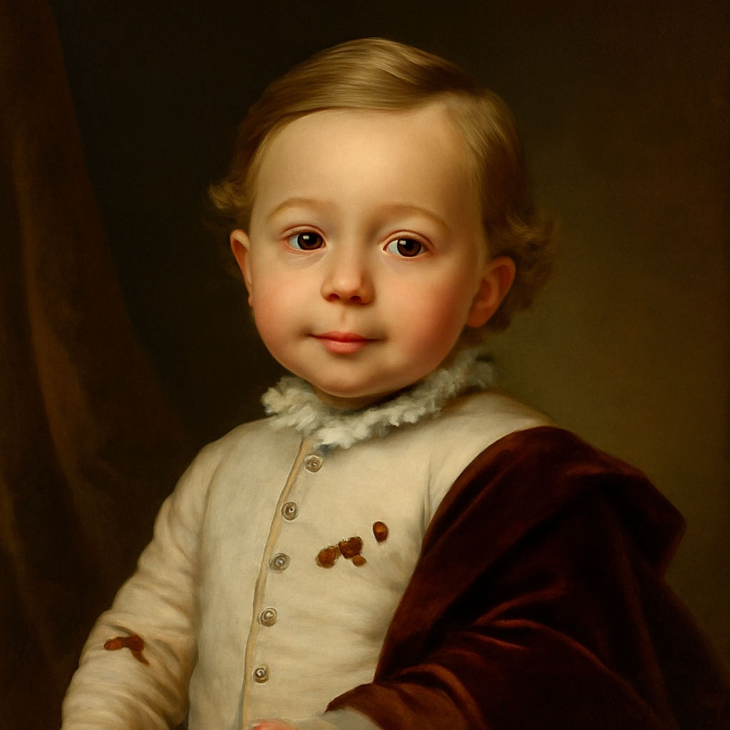 A close-up portrait of an adorable toddler with big curious eyes and soft blonde hair, dressed in a cozy white sweater with little dog patterns, sitting comfortably indoors with a softly blurred background.