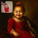 A cheerful baby girl dressed in festive red with a matching bow is sitting on a beige floor, flashing a bright smile that could light up any room. Behind her, a trash can and a pink box with a cartoon dog add a hint of everyday life to this adorable moment.