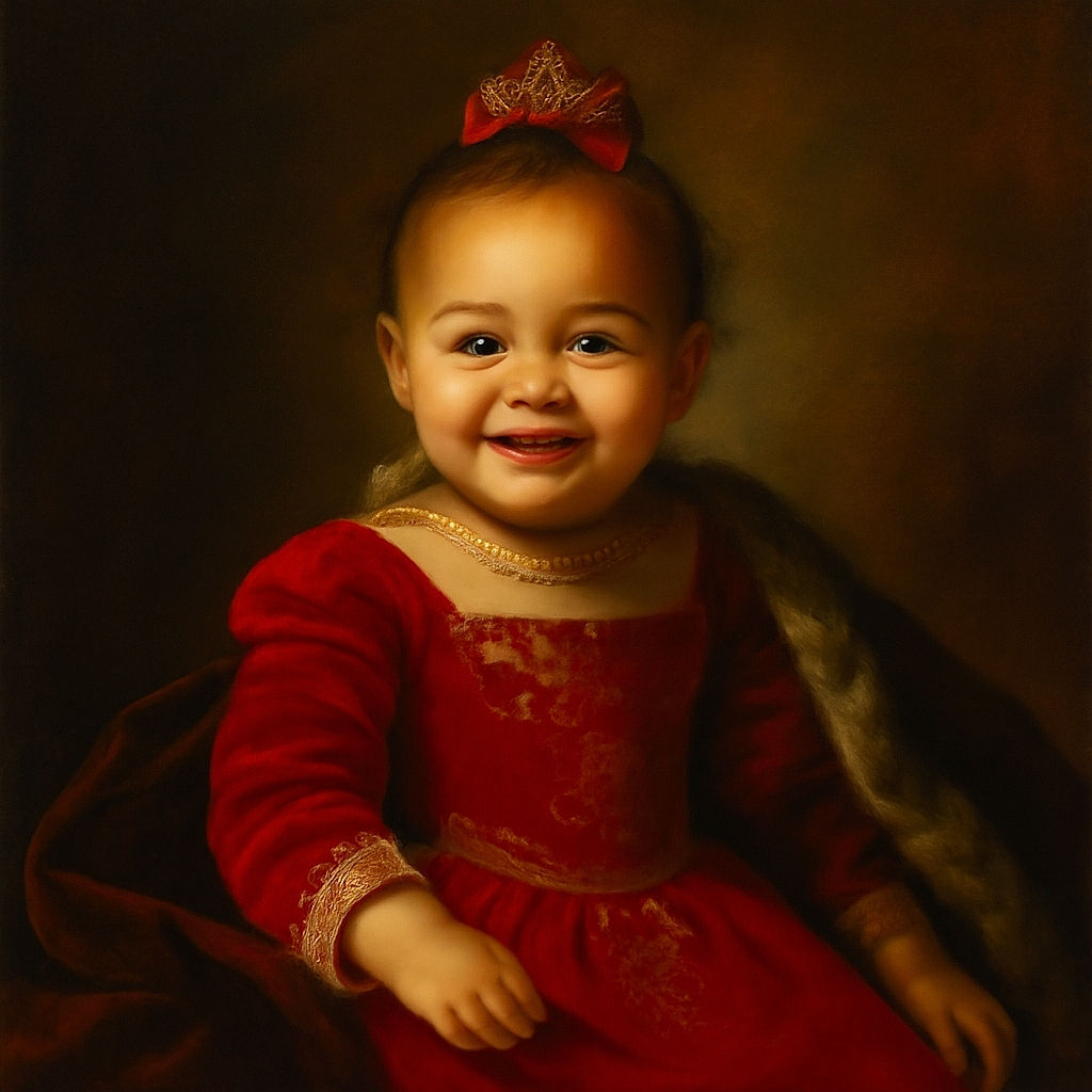 A cheerful baby girl dressed in festive red with a matching bow is sitting on a beige floor, flashing a bright smile that could light up any room. Behind her, a trash can and a pink box with a cartoon dog add a hint of everyday life to this adorable moment.