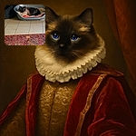 A fluffy cat with striking blue eyes lounges comfortably in a plastic pet bed lined with colorful blankets, set on a tiled floor next to a patterned rug. The background includes a red textured object and some furniture, creating a cozy indoor scene.