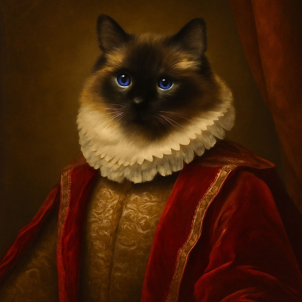 A fluffy cat with striking blue eyes lounges comfortably in a plastic pet bed lined with colorful blankets, set on a tiled floor next to a patterned rug. The background includes a red textured object and some furniture, creating a cozy indoor scene.