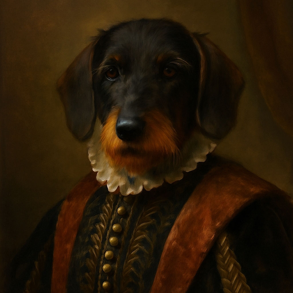 A scruffy black and brown dog with a slightly blurred face stands on a rocky surface, looking curiously at the camera with a leash attached to its collar.
