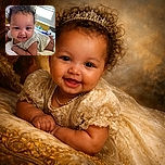 A joyful baby with curly hair is lying on a soft blanket, smiling brightly at the camera. The background shows a cozy room with a window letting in natural light and some toys scattered around, creating a warm and happy atmosphere.