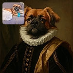 A fluffy dog lounges comfortably on a cozy gray quilted sofa, gripping a bright blue spiky toy with its paw, surrounded by soft cushions and a fuzzy white pillow, looking relaxed and slightly curious.