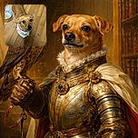 A small brown dog wearing a colorful bandana looks up with big, curious eyes while standing on a wooden floor next to a blue and white plate of dog food. The photo is taken indoors with warm lighting, capturing the dog's attentive and adorable expression.