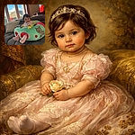 A tiny human monarch surveys their plush throne like it's kingdom HQ — tufted couch, sunlit windows, and socked feet poking through donut-shaped openings. Adorable seriousness meets nap-ready comfort.