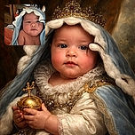 A chubby baby wrapped snugly in a light blue towel with a frilly edge, looking curiously off to the side with a calm and slightly pensive expression. The background shows a wooden shelf cluttered with various household items, adding a cozy, lived-in feel to the candid moment.