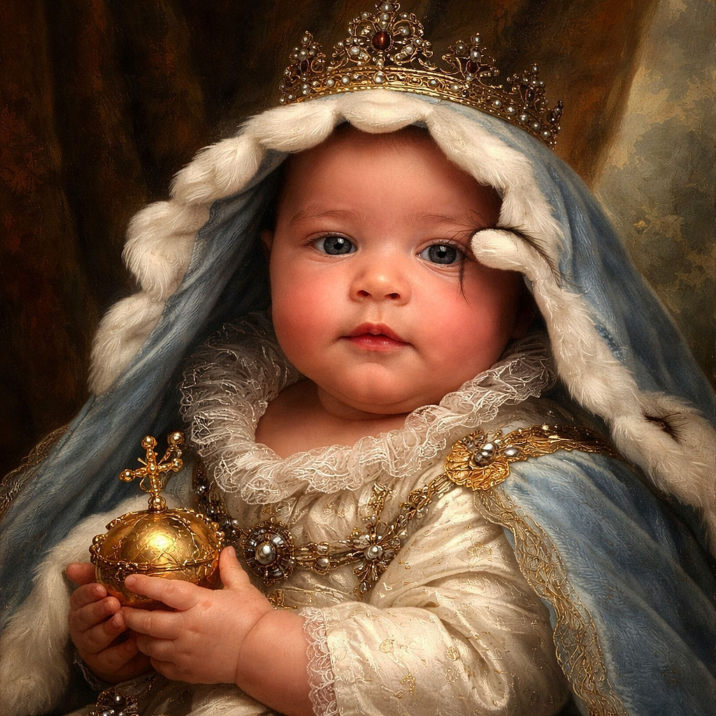 A chubby baby wrapped snugly in a light blue towel with a frilly edge, looking curiously off to the side with a calm and slightly pensive expression. The background shows a wooden shelf cluttered with various household items, adding a cozy, lived-in feel to the candid moment.