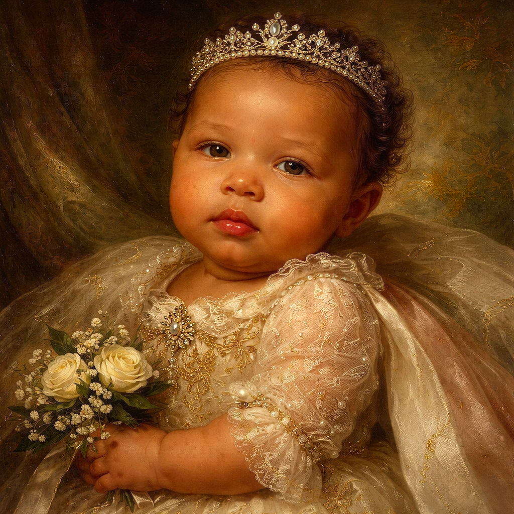 A close-up photo of a baby with a serious expression, wrapped in a dark outfit with colorful hearts and a pink wristband, resting comfortably on a soft pillow with floral patterns.