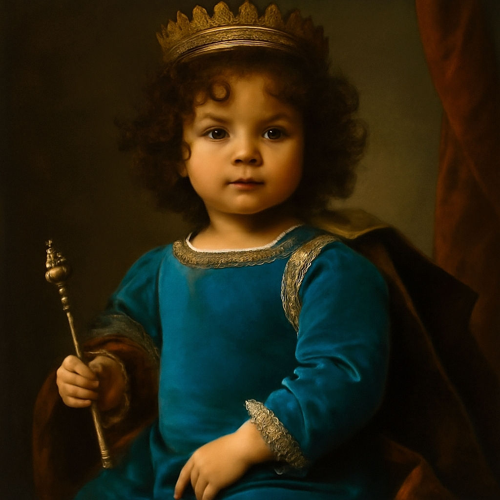 A curly-haired toddler in a bright blue onesie lounges comfortably on a dark couch, sipping from a bottle with a focused yet adorable expression. The cozy living room setting includes a gray cushion, a textured glass door, and a blue sippy cup in the background, adding to the everyday charm.