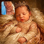 A peaceful newborn baby is sound asleep, nestled comfortably against a blue fabric, wearing a cozy striped onesie, basking in warm natural light that gently highlights the soft features and tiny hand curled near the chest.