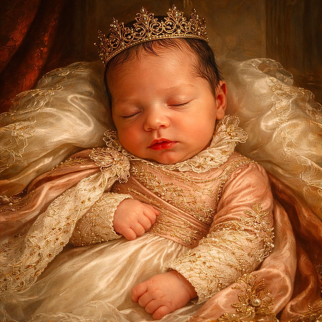 A peaceful newborn baby is sound asleep, nestled comfortably against a blue fabric, wearing a cozy striped onesie, basking in warm natural light that gently highlights the soft features and tiny hand curled near the chest.