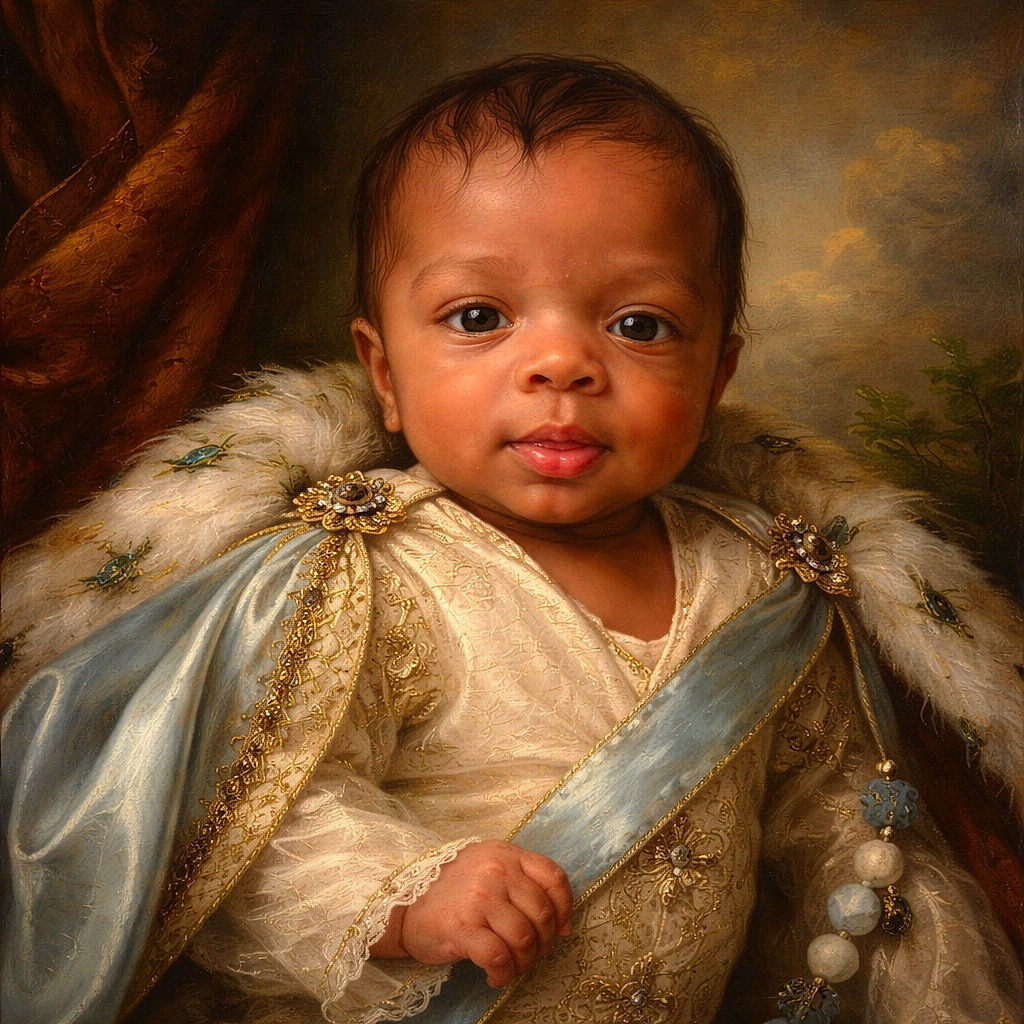 A tiny, wide‑eyed newborn lounges in a onesie like a very small, very alert burrito — tongue peeking out as if practicing for dramatic expressions, with a pacifier dangling nearby and comforting blankets framing the scene.