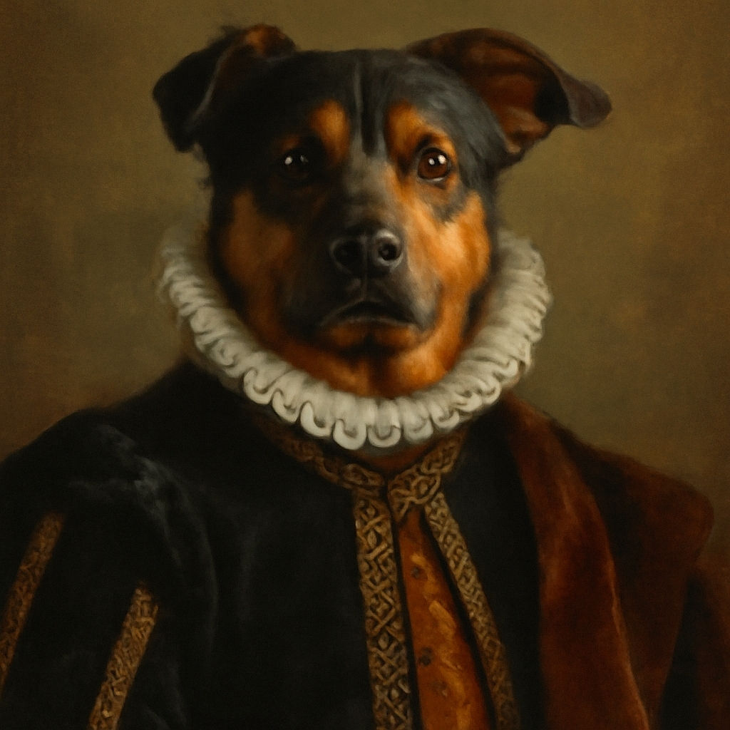 A happy dog with a shiny black and brown coat sits proudly on a sunny beach, tongue out and ears perked, with rocky cliffs and a clear blue sky in the background—ready for a day of fun and fetch.