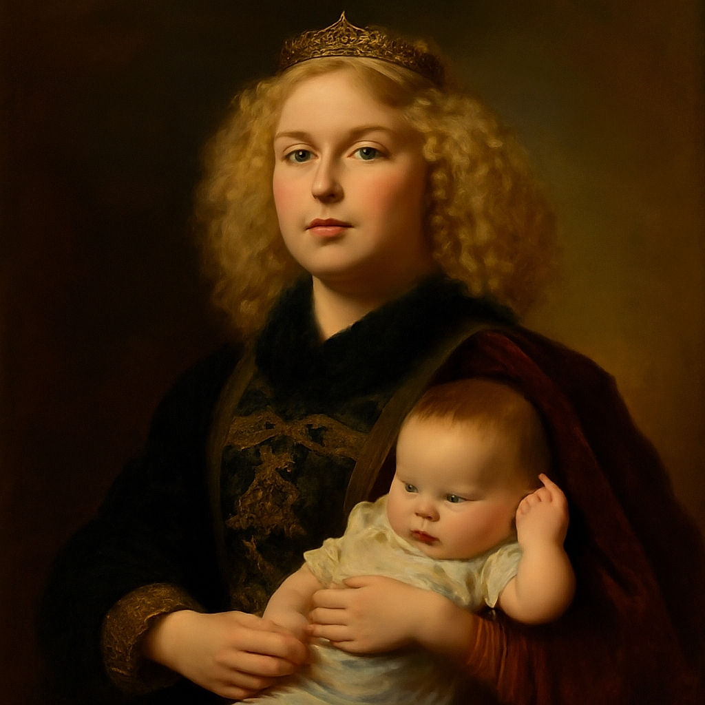 A close-up selfie of a woman with curly blonde hair making a playful pouty face while holding a baby dressed in a floral onesie who is looking down and moving their arm, set in a cozy indoor environment with various household items in the background.