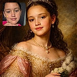 A young girl with a bright yellow star sticker on her cheek strikes a gentle pose with her hand under her chin, wearing a vibrant pink shirt against a dark backdrop.