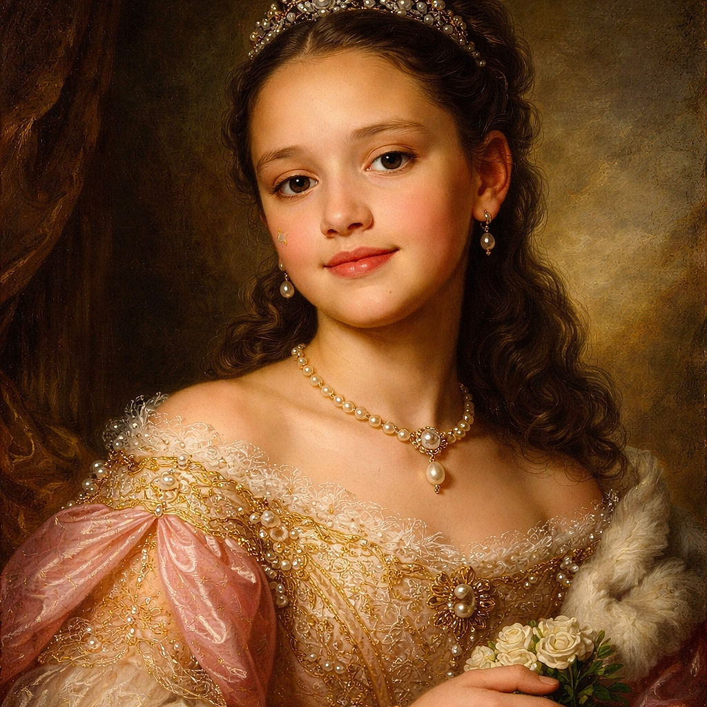 A young girl with a bright yellow star sticker on her cheek strikes a gentle pose with her hand under her chin, wearing a vibrant pink shirt against a dark backdrop.