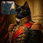A mysterious black cat with a lightning bolt collar stares down the camera with an intense, almost supernatural gaze, set against a cozy indoor ceiling backdrop.