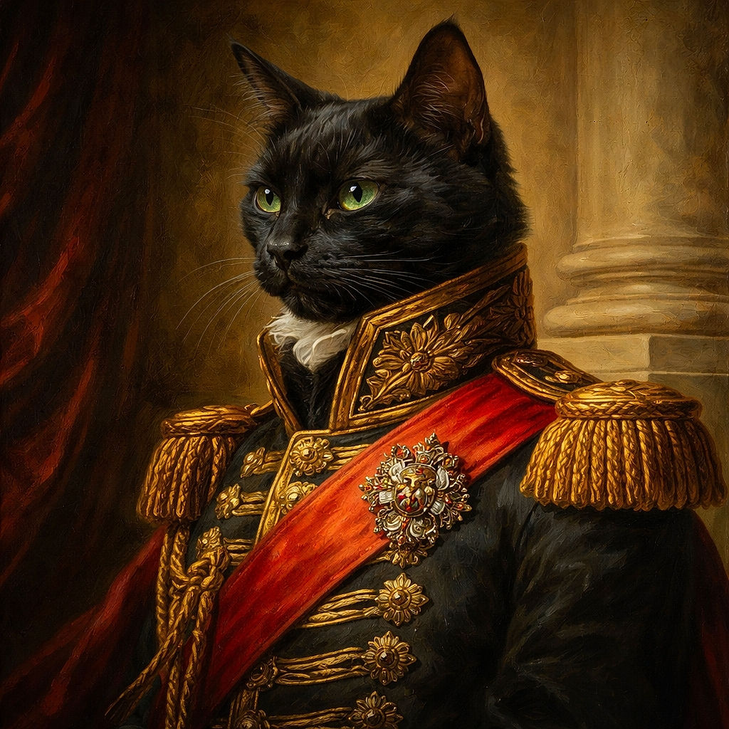 A mysterious black cat with a lightning bolt collar stares down the camera with an intense, almost supernatural gaze, set against a cozy indoor ceiling backdrop.