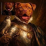 A regal dog dressed in an elaborate Renaissance-style outfit, complete with a ruffled collar, posing like a noble from a classic portrait painting. The dog's happy expression contrasts humorously with the formal attire, making it a charming blend of history and canine charisma.