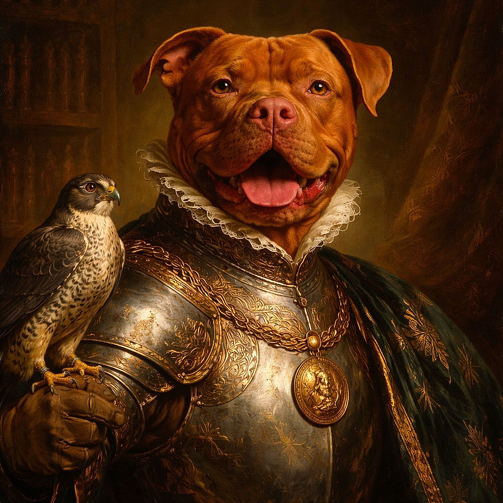 A regal dog dressed in an elaborate Renaissance-style outfit, complete with a ruffled collar, posing like a noble from a classic portrait painting. The dog's happy expression contrasts humorously with the formal attire, making it a charming blend of history and canine charisma.