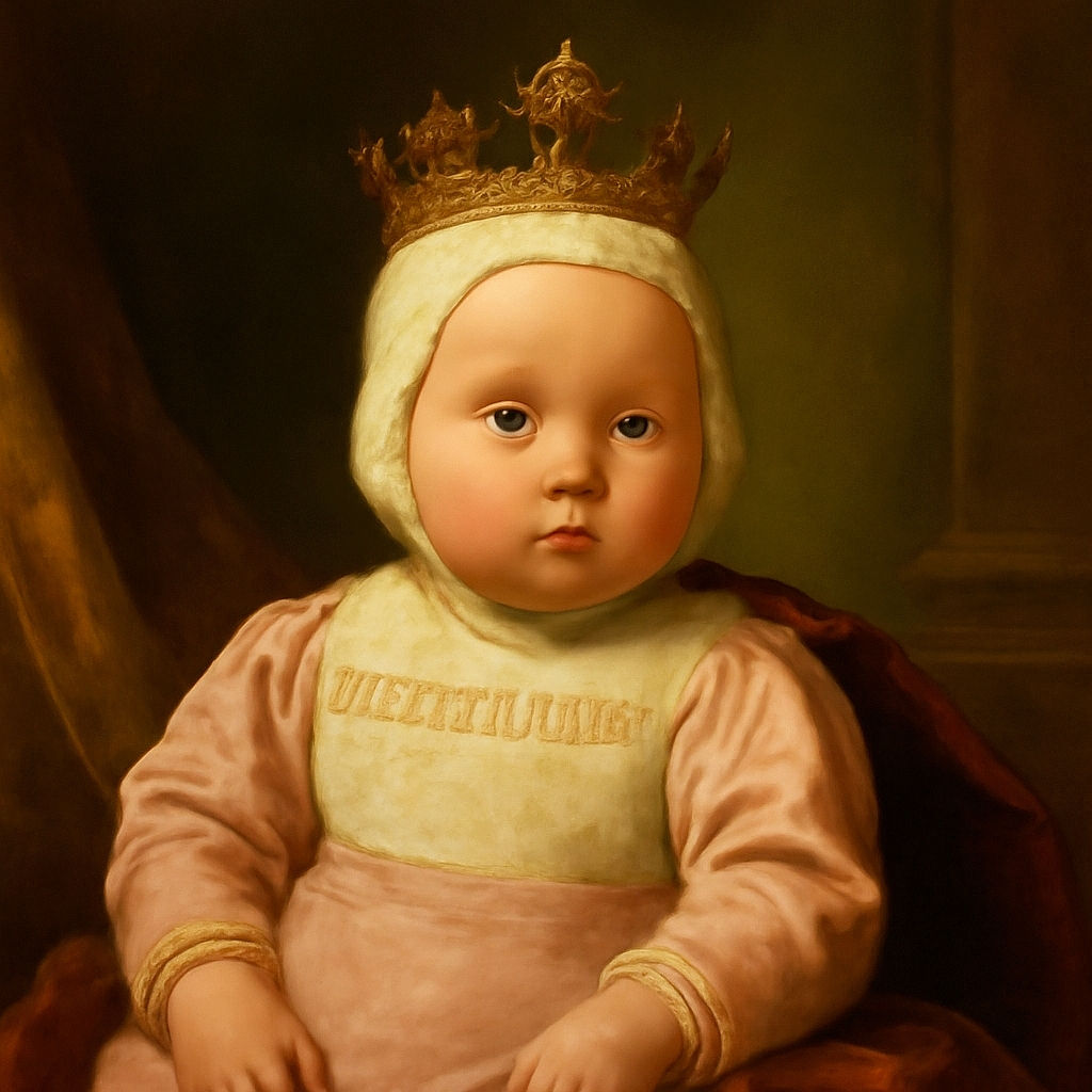A chubby-cheeked baby wearing a knitted white hat and pink outfit sits on a wooden bench, looking curiously at the camera with a slightly serious expression. Behind the baby, vibrant red flowers and lush green plants frame a tall giraffe peering over a fence, creating a whimsical zoo adventure vibe.