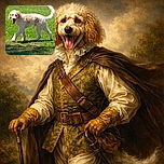 A fluffy, curly-coated dog with a happy expression and tongue out is mid-stride on a sunny green lawn, looking like it's enjoying a perfect day outside.