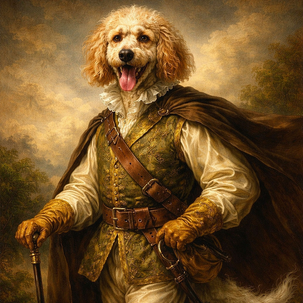 A fluffy, curly-coated dog with a happy expression and tongue out is mid-stride on a sunny green lawn, looking like it's enjoying a perfect day outside.