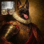 A happy dog with a red harness sits proudly on a rocky path in front of a majestic waterfall, tongue out and ears perked, soaking in the great outdoors like the adventurous pup it is.