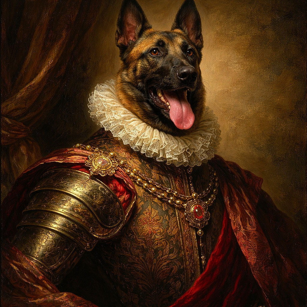 A happy dog with a red harness sits proudly on a rocky path in front of a majestic waterfall, tongue out and ears perked, soaking in the great outdoors like the adventurous pup it is.