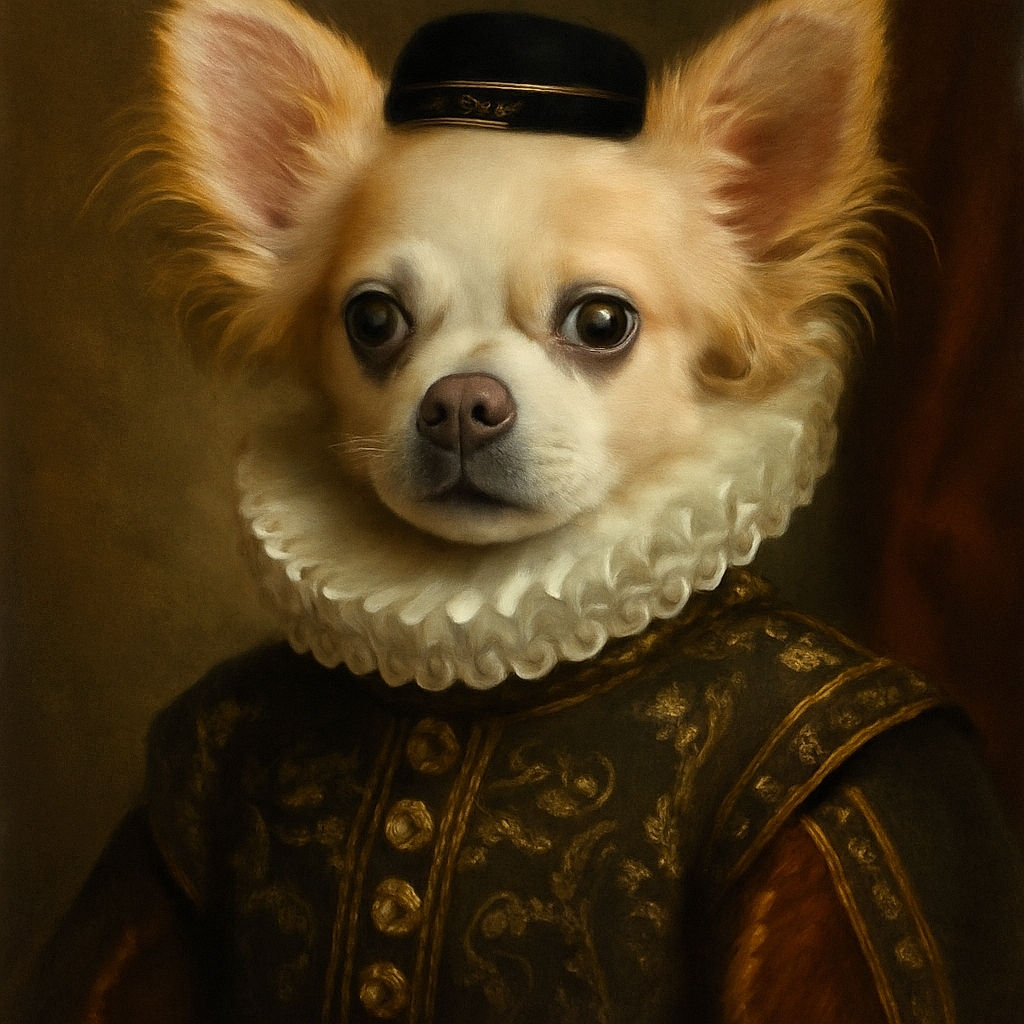 A close-up photo of a fluffy, cream-colored Chihuahua with large, expressive eyes and big ears standing out like satellite dishes. The dog looks alert and curious, with a soft focus on its fur texture and a cozy indoor background.