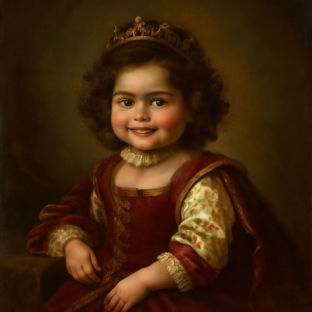 A cheerful toddler with curly hair and a floral sweater beams happily as they sit comfortably on a beige chair, supported by an adult's arm, in a cozy indoor setting with warm wooden tones and soft lighting.