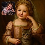 A charming little child with curly hair and bright eyes smiles warmly while lounging on a dark leather couch, gently cradling two cozy cats in their arms, one wearing a shiny collar, creating a heartwarming scene of comfort and companionship.