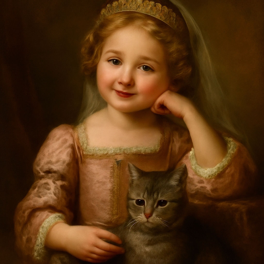 A charming little child with curly hair and bright eyes smiles warmly while lounging on a dark leather couch, gently cradling two cozy cats in their arms, one wearing a shiny collar, creating a heartwarming scene of comfort and companionship.