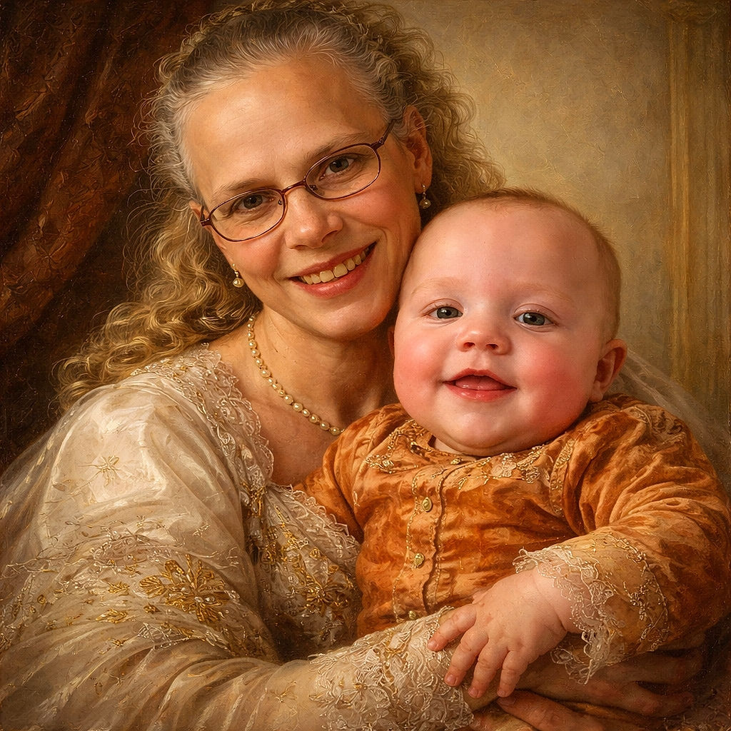 A cheerful close-up selfie of a smiling adult and a drooly baby stealing the spotlight — the baby’s chubby cheeks and tiny string of drool make a charming mess, while the adult grins warmly behind glasses. Soft indoor light and a neutral background keep the focus on their happy faces.