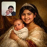 A joyful older child proudly holds a curious baby, both faces glowing with warmth and innocence against a simple background.