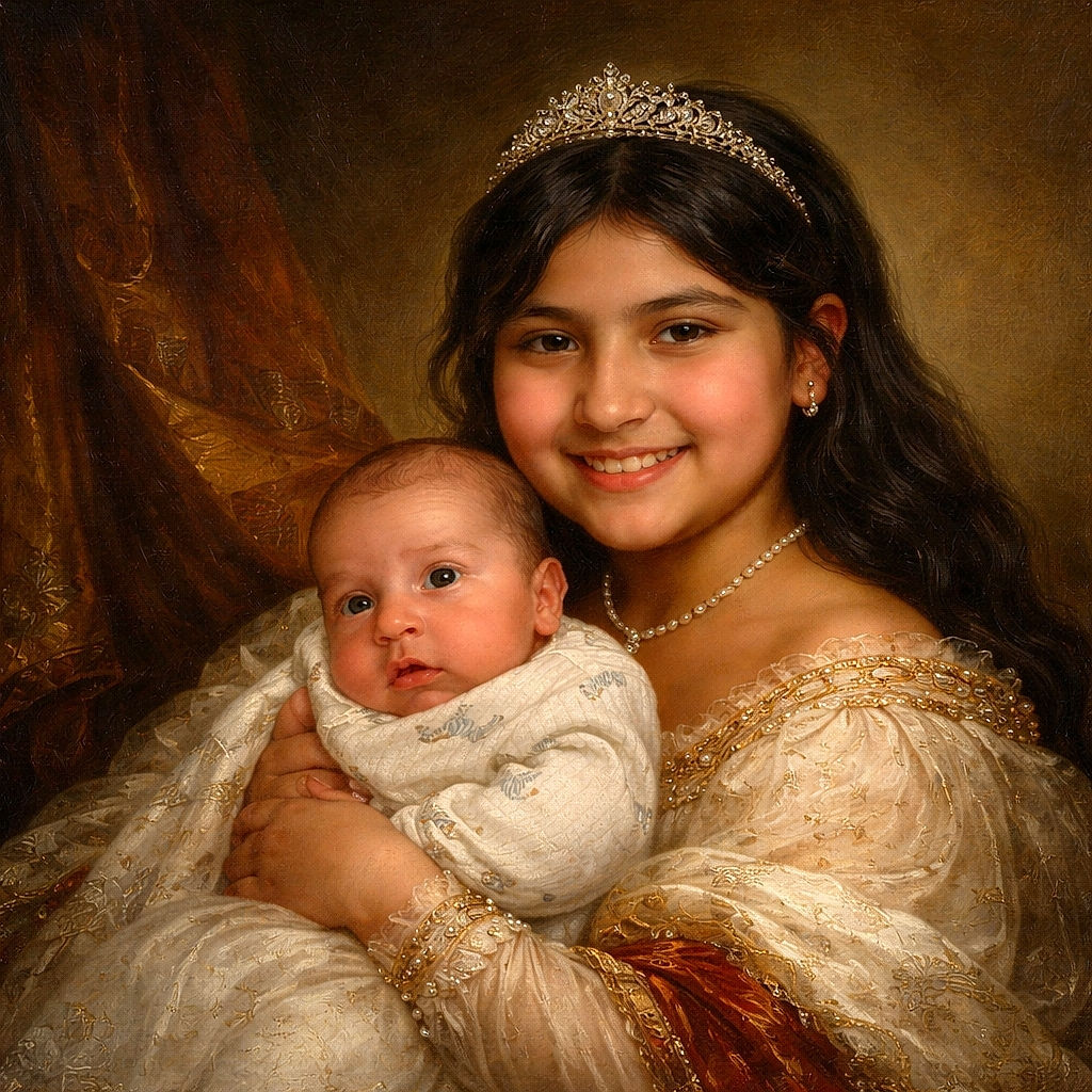 A joyful older child proudly holds a curious baby, both faces glowing with warmth and innocence against a simple background.