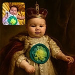 A chubby-cheeked baby lies on a cozy mustard-yellow blanket, wearing a white dress adorned with a cute green frog plush toy on the chest, looking curiously at the camera with a calm expression.