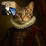 A curious tabby kitten with bright eyes and white paws is perched on a person's lap, looking up with an innocent and inquisitive expression, set against a wooden table and tiled floor background.