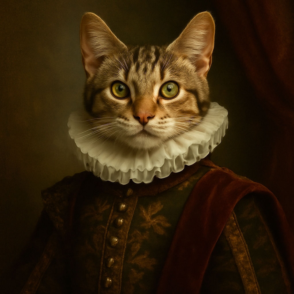 A curious tabby kitten with bright eyes and white paws is perched on a person's lap, looking up with an innocent and inquisitive expression, set against a wooden table and tiled floor background.