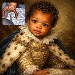 A wide-eyed baby with curly hair looks up curiously from a cozy bed covered in a checkered blanket, clutching a soft plush toy. The photo captures a candid moment of innocence and wonder in a softly lit room.